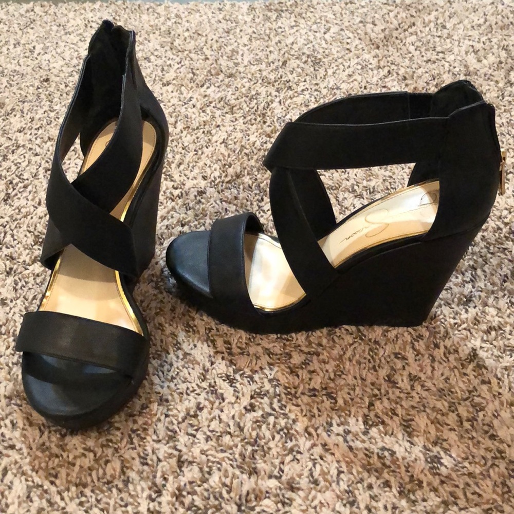 Black high heeled sandal with gold zipper